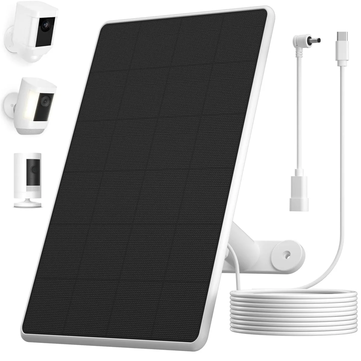 Black rectangular solar panel with adjustable mount and 10ft cable