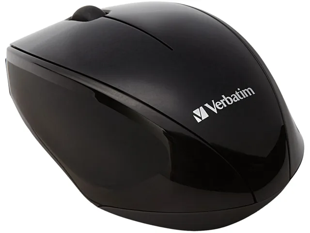 Black wireless mouse with blue LED sensor, ambidextrous shape, nano USB receiver stored inside battery compartment