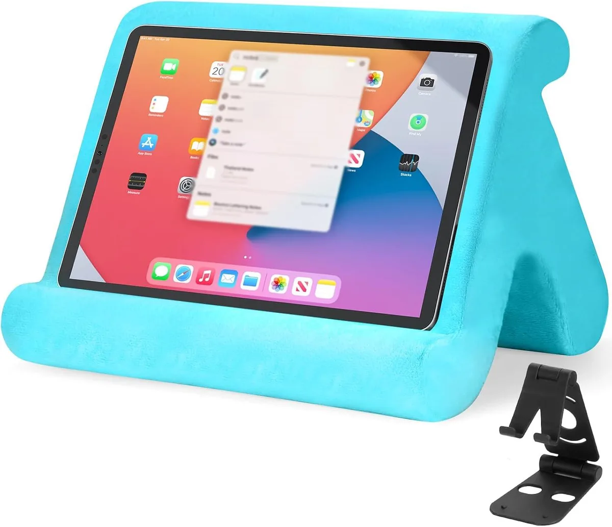 Light blue tablet stand with soft pad and black phone holder