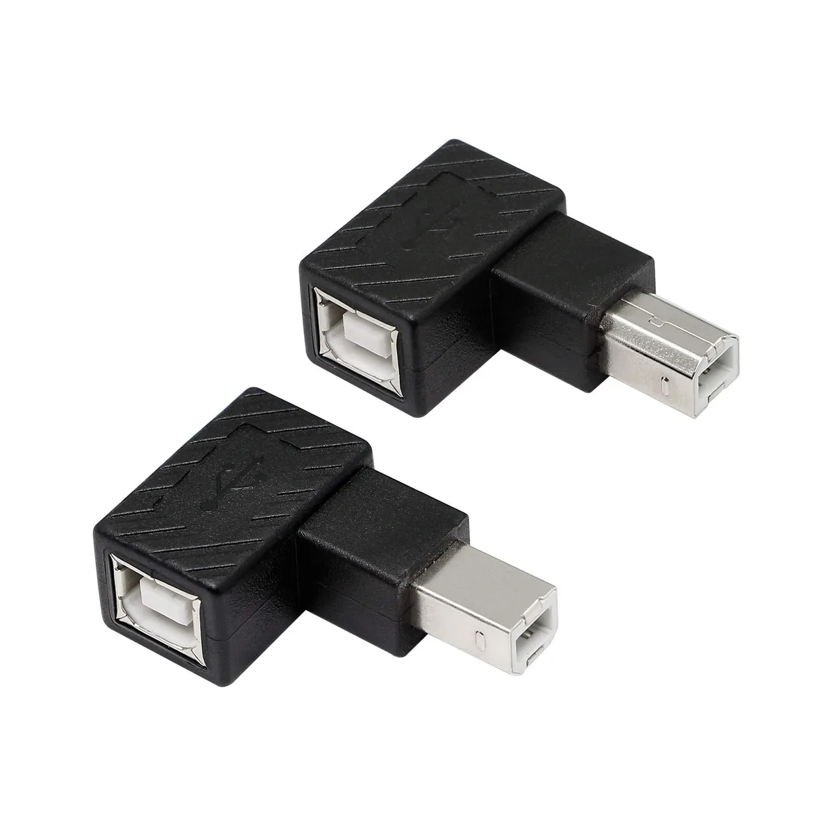 Two small USB Type-B adapters, one left-angled and one right-angled, matte black plastic