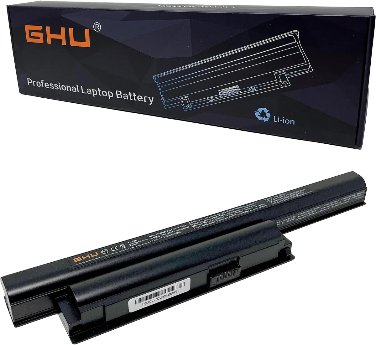 Rectangular black laptop battery with six cells and label showing 58 Wh 5200 mAh