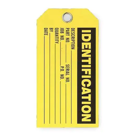 Rectangular polyester production status tag with brass grommet and cable tie attachment