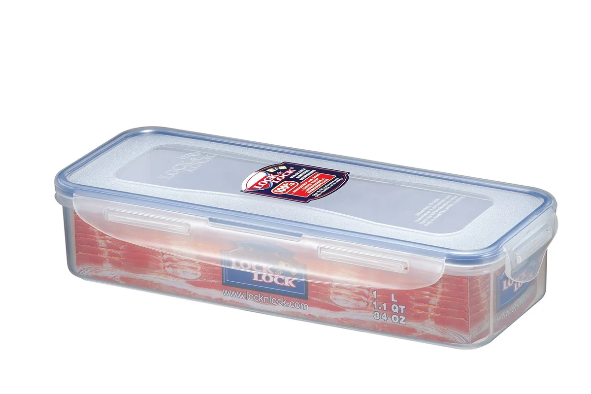 Red rectangular food storage container with matching lid
