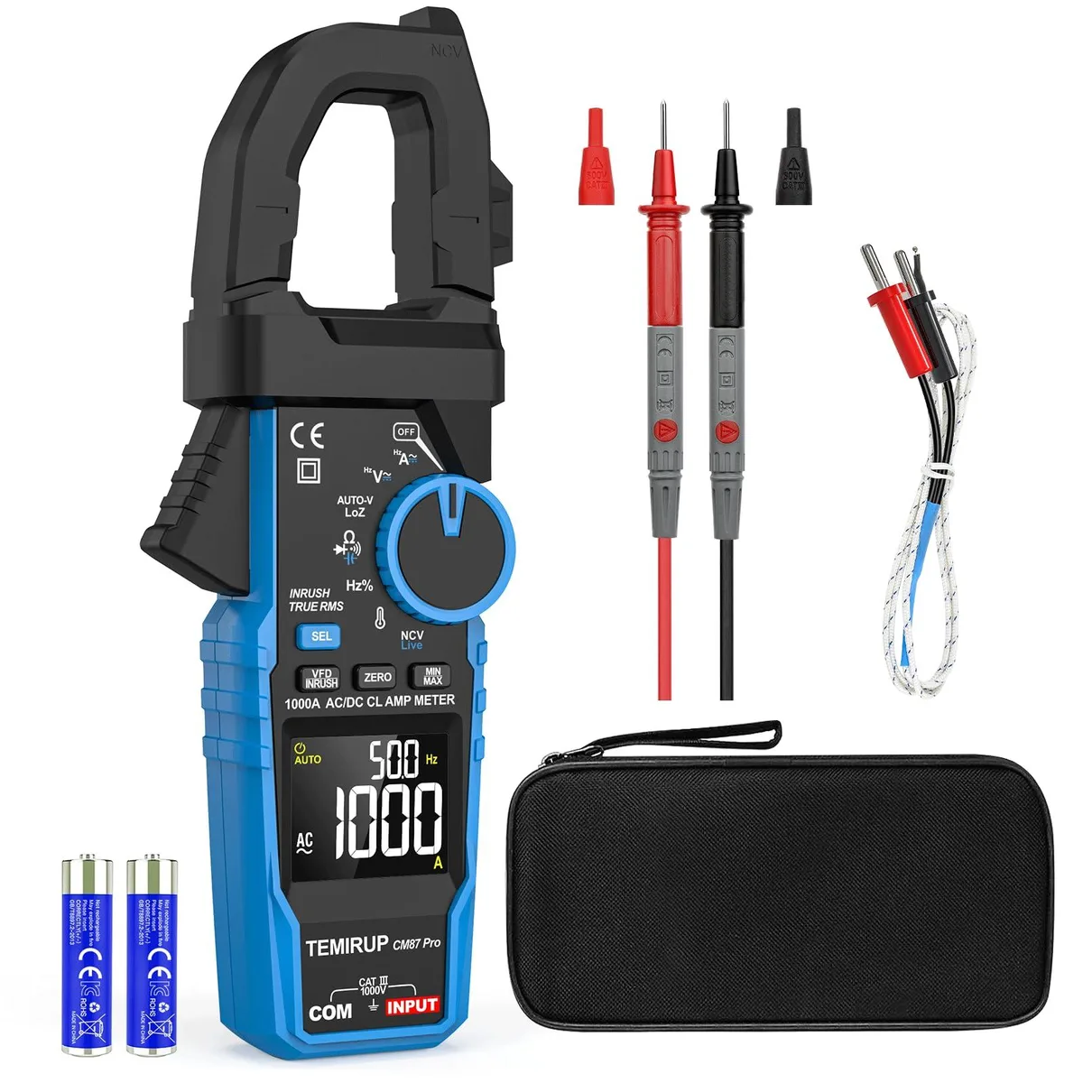 Yellow handheld digital clamp meter with large jaws and colour backlit display