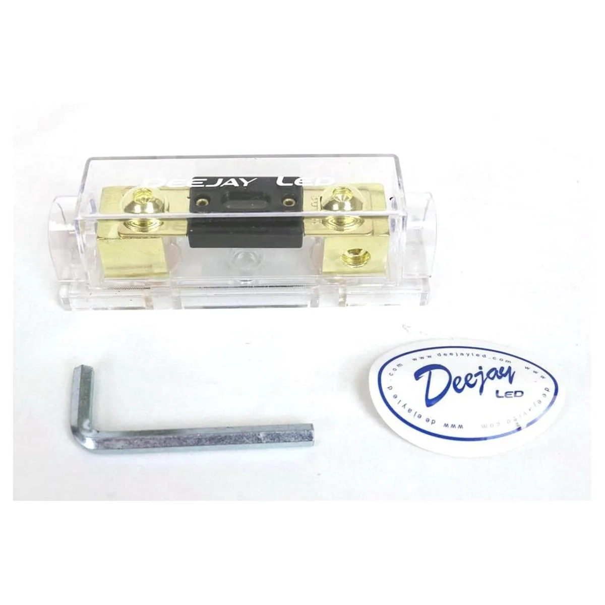 Square ANL fuse holder, matte black plastic body, metal contacts, compact vehicular form