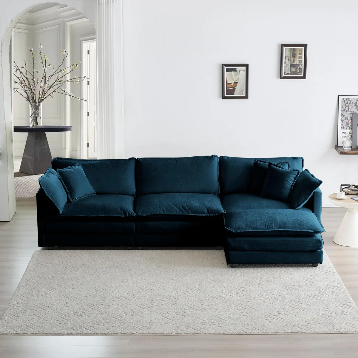 Blue chenille L-shaped modular sectional with reversible ottoman and loose back cushions