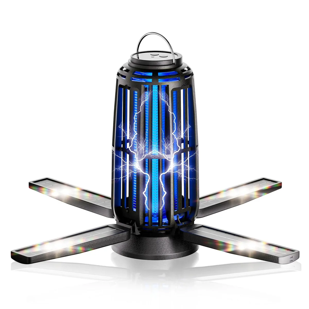 Blue rectangular solar bug zapper with four foldable panels, hanging hook and LED light