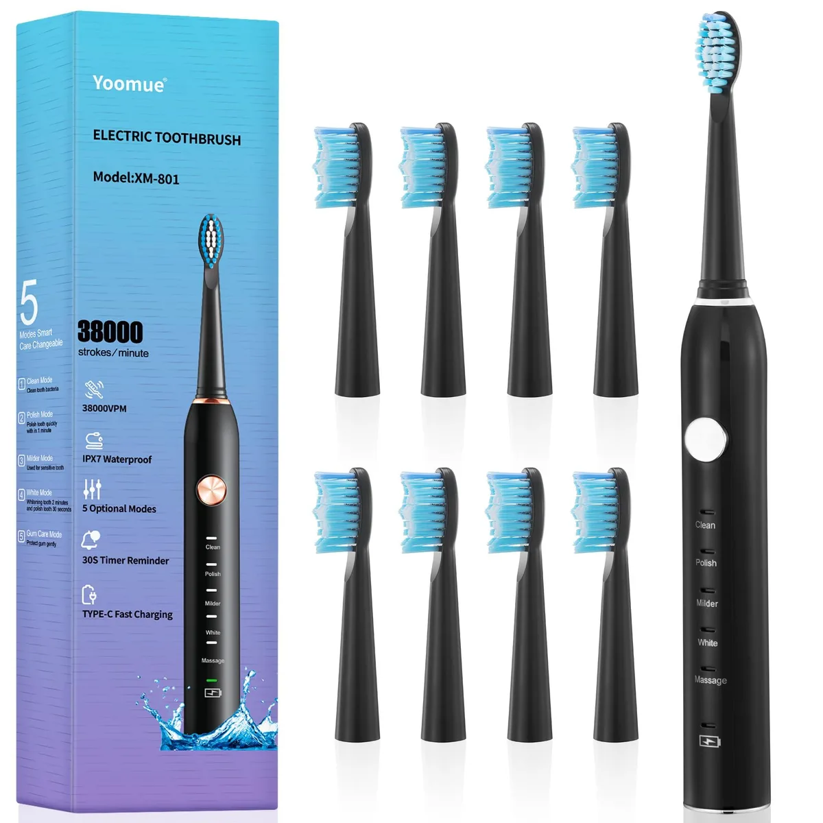 White sonic electric toothbrush with brush heads