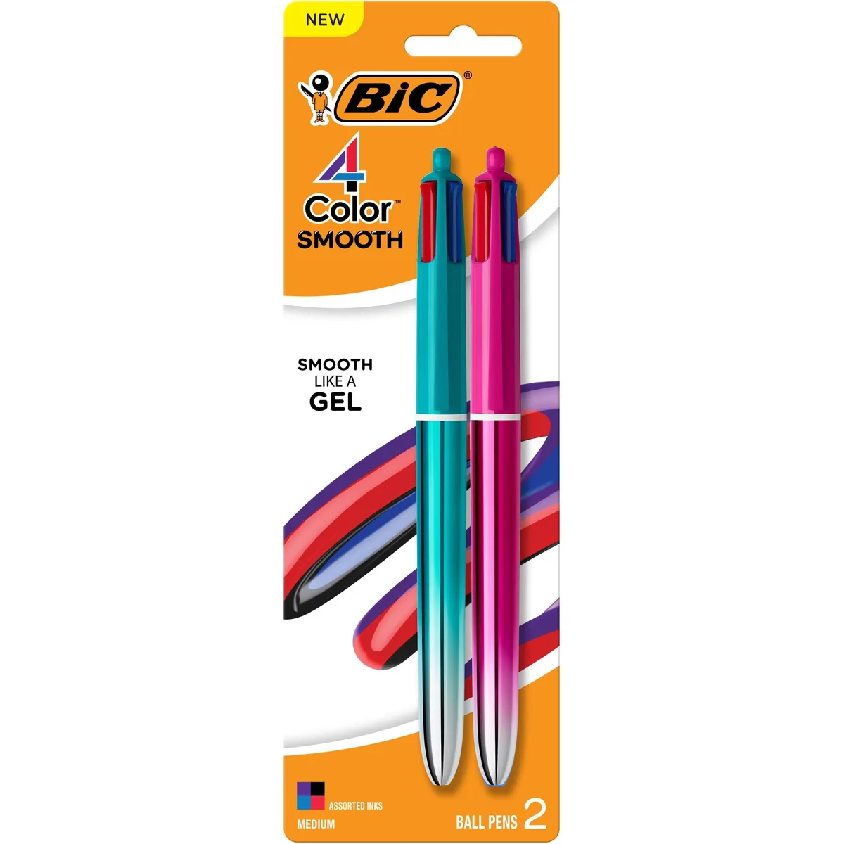 Two retractable multicolour pens with blue barrels and plastic clips