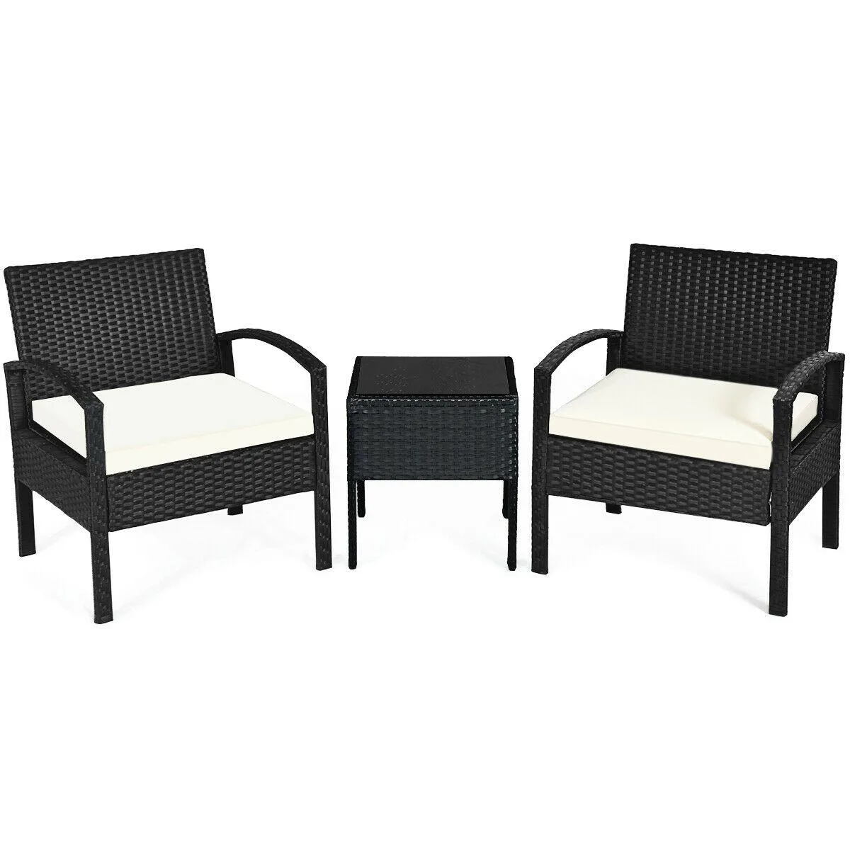 SlickBlue SlickBlue 3-Piece Rattan Patio Conversation Set White Cushions Black Rattan — product photo