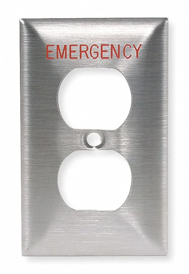 Silver brushed stainless steel duplex emergency switch plate