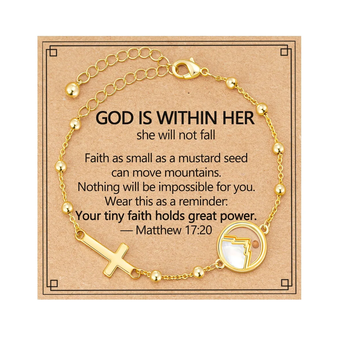 Gold-plated brass chain with cross charm and round pendant holding a mustard seed and white shell mountain