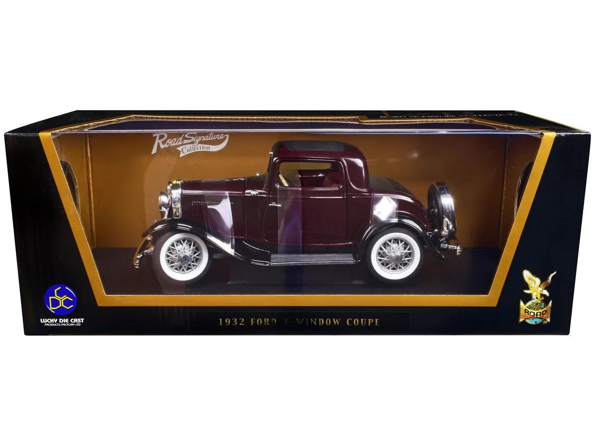 ROAD SIGNATURE ROAD SIGNATURE 1932 Ford 3-Window Coupe Burgundy Black Top 1/18 Diecast — product photo
