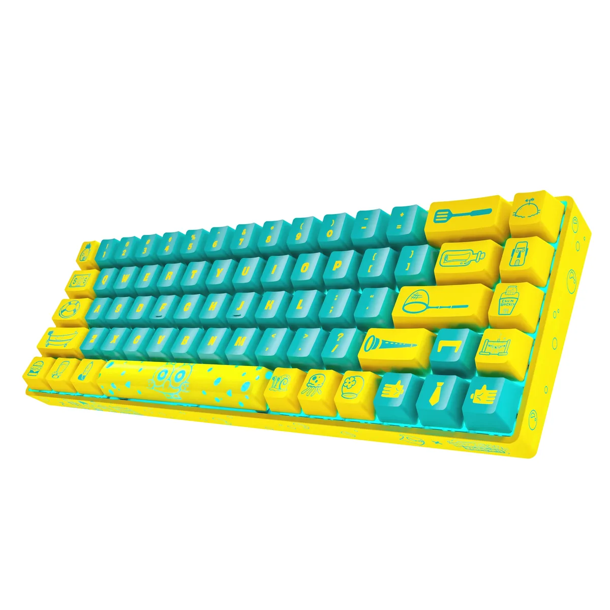 Compact 68-key keyboard with frosted transparent plate and SpongeBob SquarePants themed keycaps