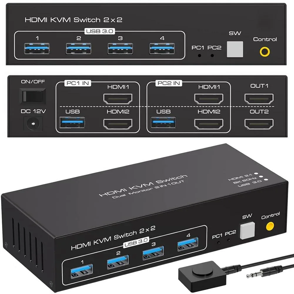ESTONE ESTONE SW221-2HD 2-Port Dual-Monitor KVM Switch 8K 60Hz 4K 120Hz USB 3.0 — product photo