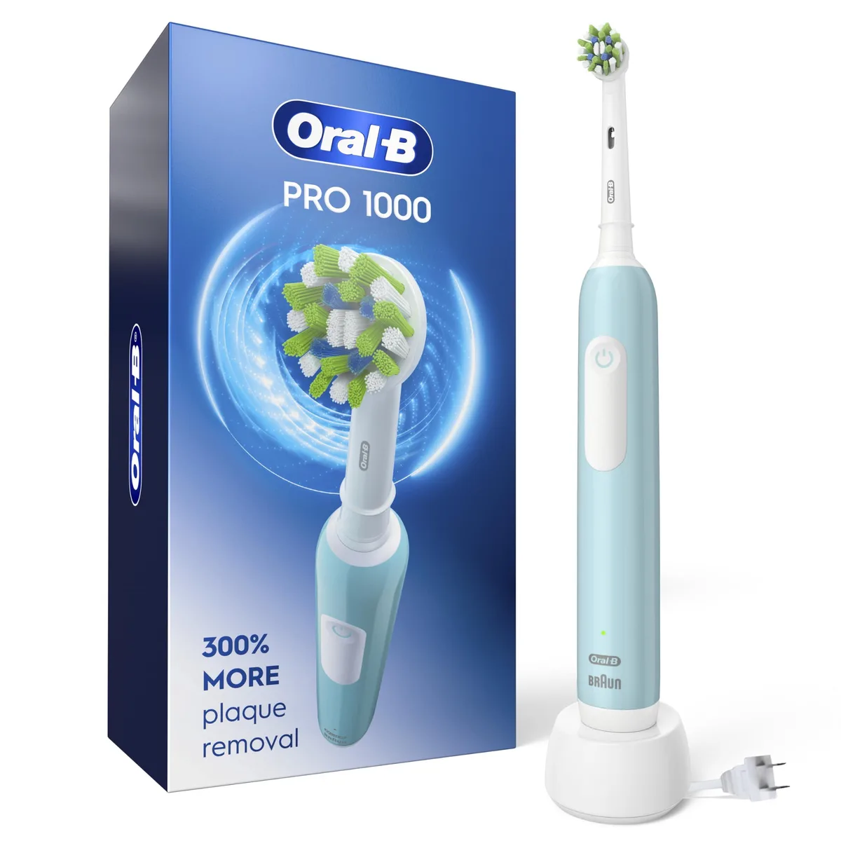 Green Oral-B Pro 1000 electric toothbrush handle with round brush head