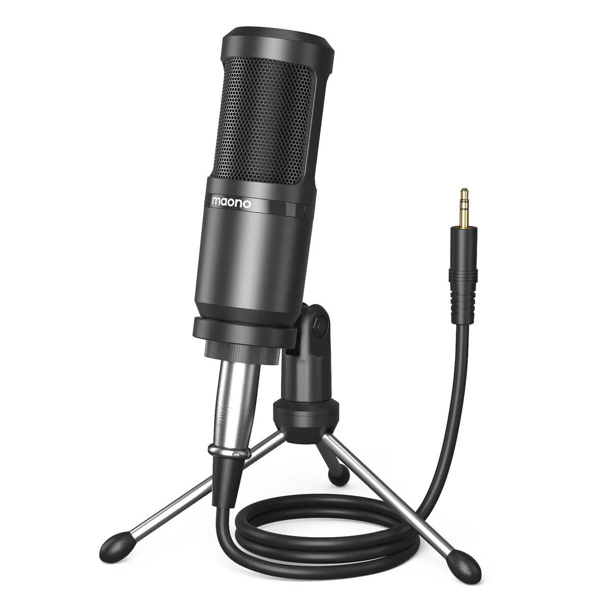 Maono PM325T tabletop condenser microphone with foldable tripod stand, shock mount, foam windscreen and XLR to 3.5mm cable