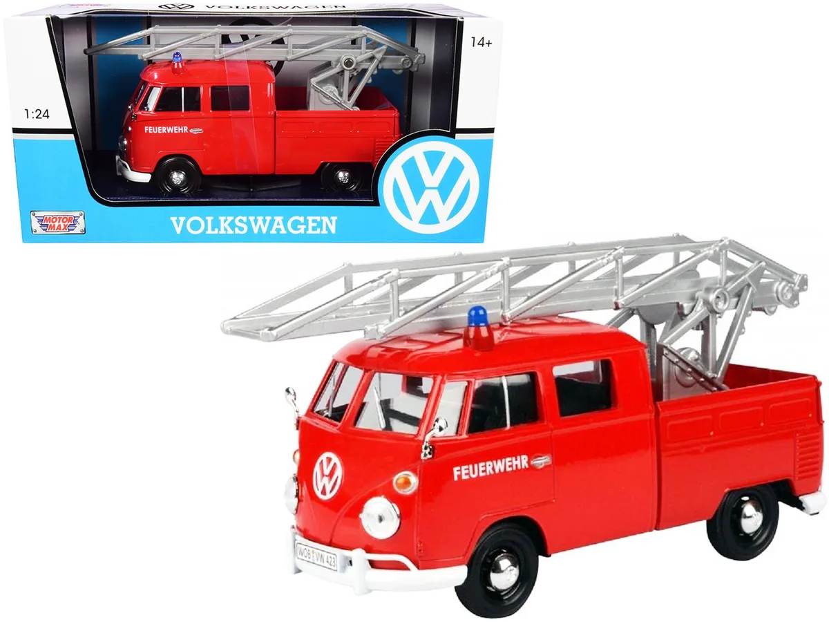 MOTORMAX MOTORMAX Volkswagen Type 2 (T1) Fire Truck Aerial Ladder Feuerwehr Red 1/24 Diecast — product photo