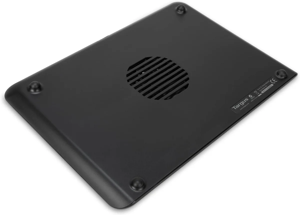 Black laptop cooling pad with ventilated grill single fan and rubber pads