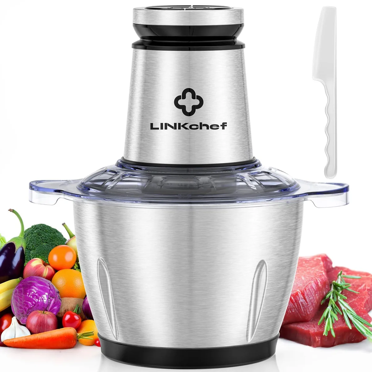 Silver mini food processor with 2.3 L stainless bowl and 600 W motor
