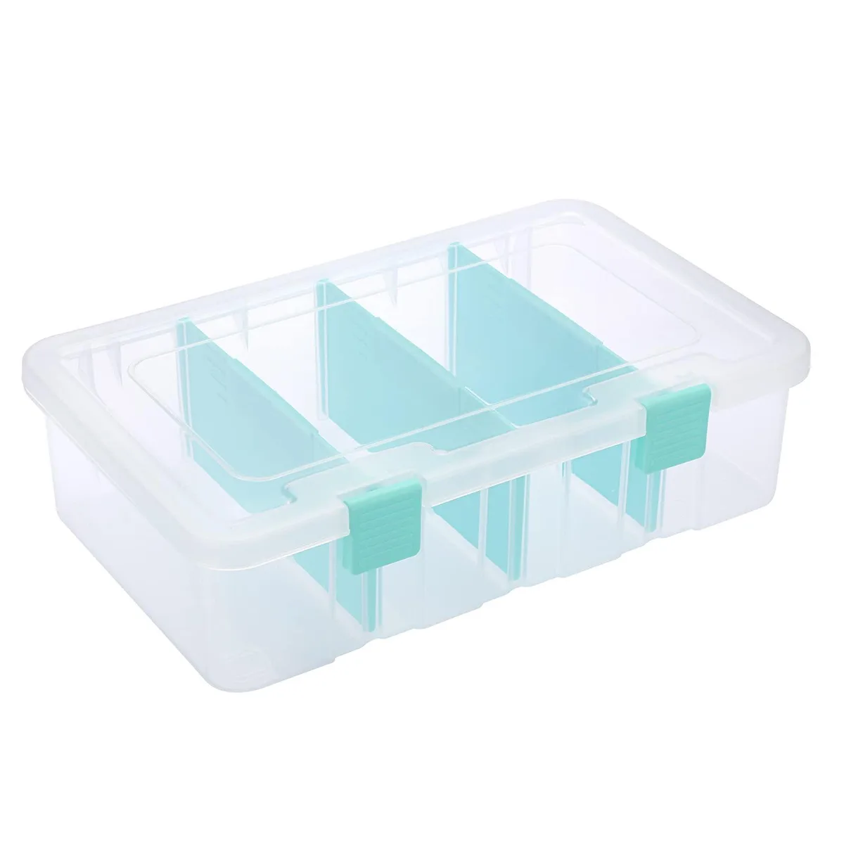 Clear plastic storage box with four adjustable compartments and a latched lid
