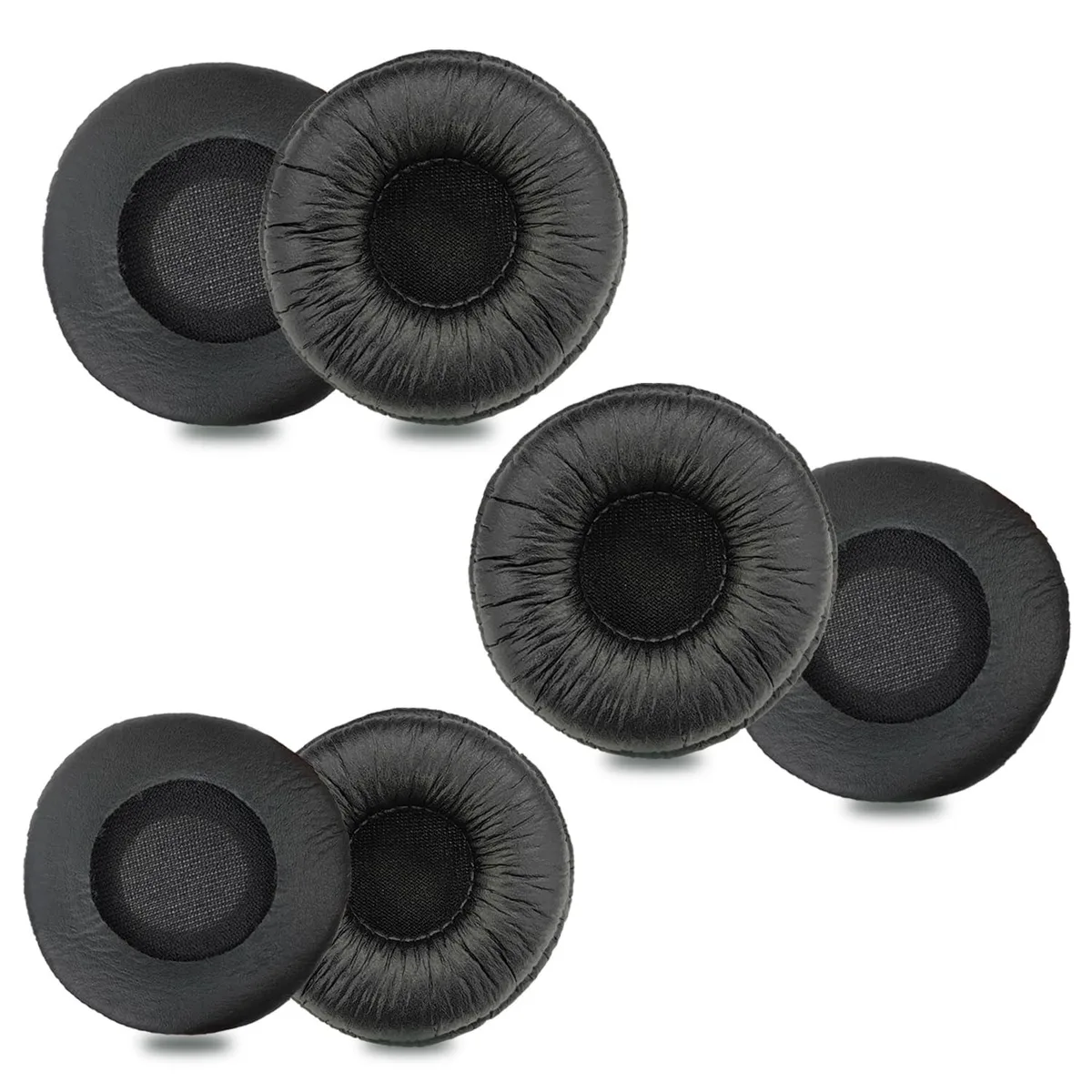 Six black faux-leather ear cushions, 50mm diameter, 15mm thick