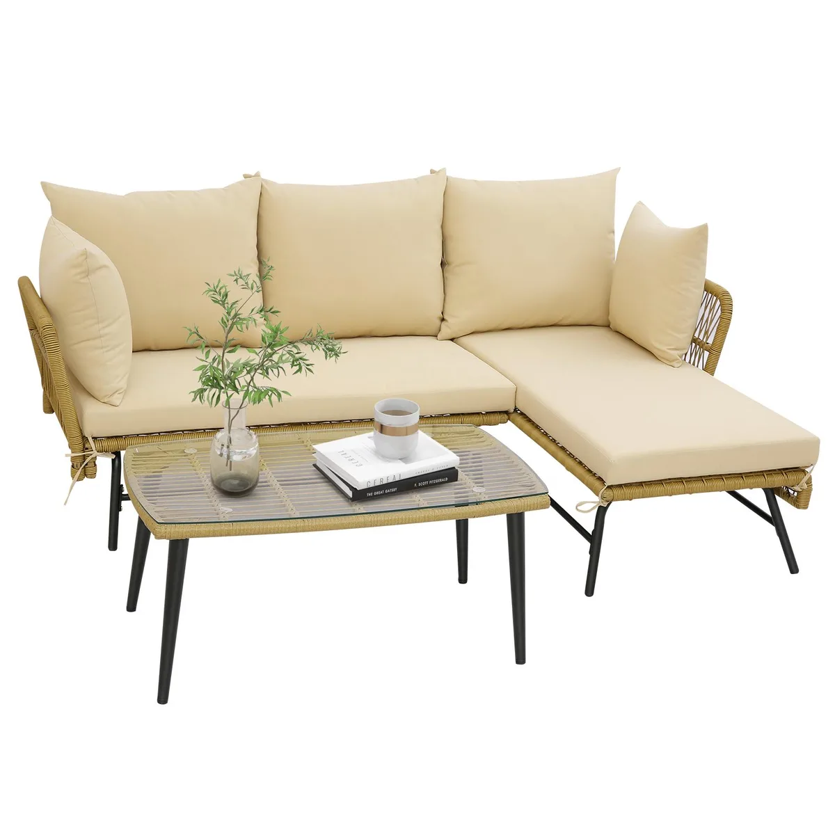 SlickBlue SlickBlue 3-Piece L-Shaped Patio Sofa Set Khaki Rattan Black Beige Cushions Tempered Glass Table — product photo