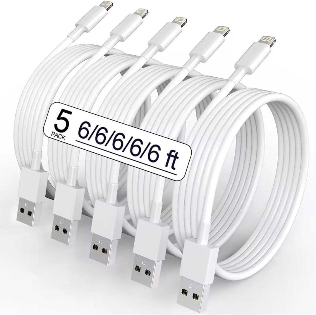 Five white 6 ft Lightning cables with USB-A connectors