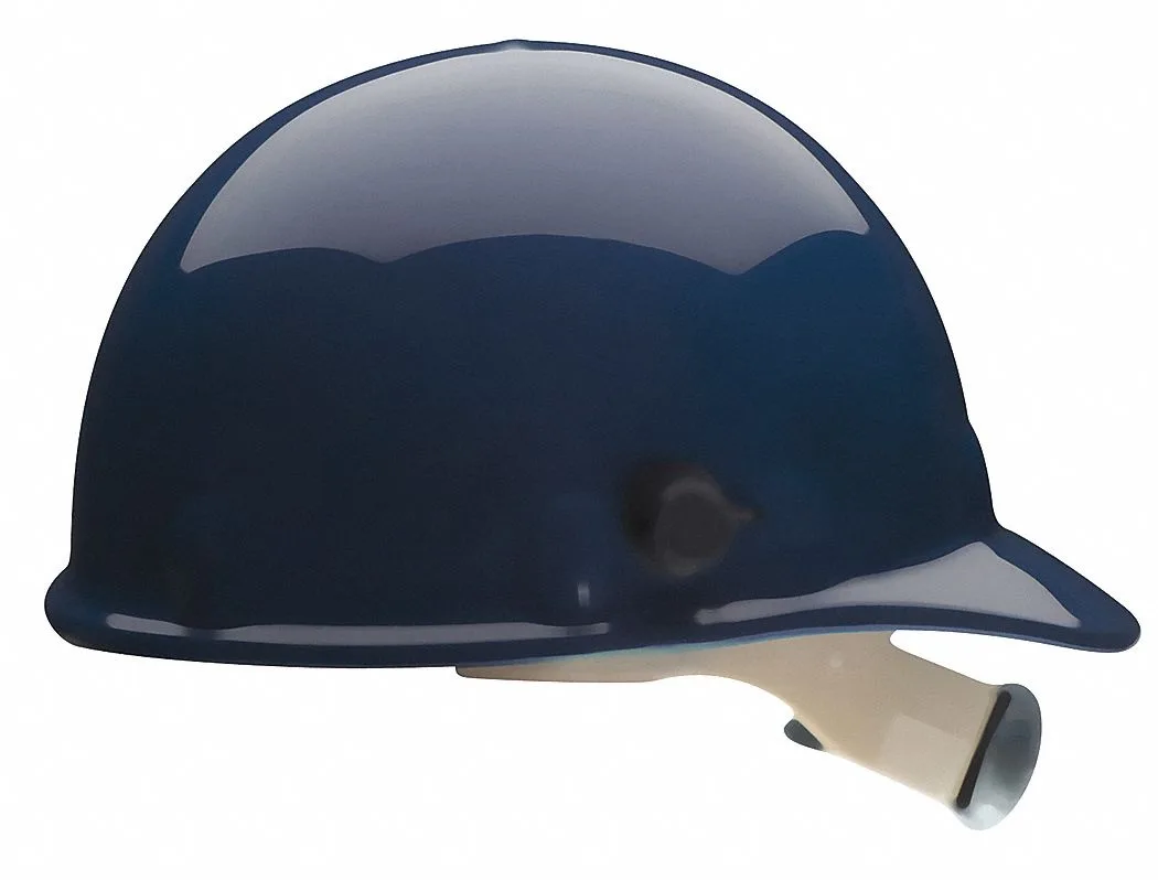 Dark blue thermoplastic hard hat with front brim and eight-point ratchet suspension