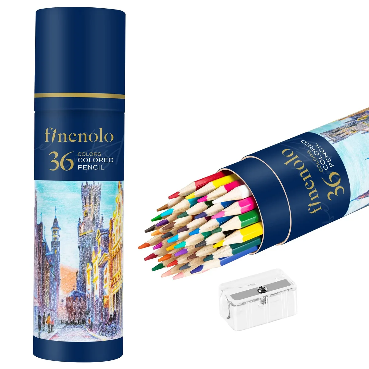 Open cardboard box of 36 hexagonal wood coloured pencils in multicolour tubes