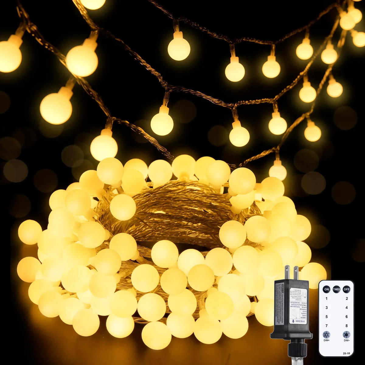 String of 100 frosted plastic globes on 33ft cord, warm white light, IP44 rating, remote control included