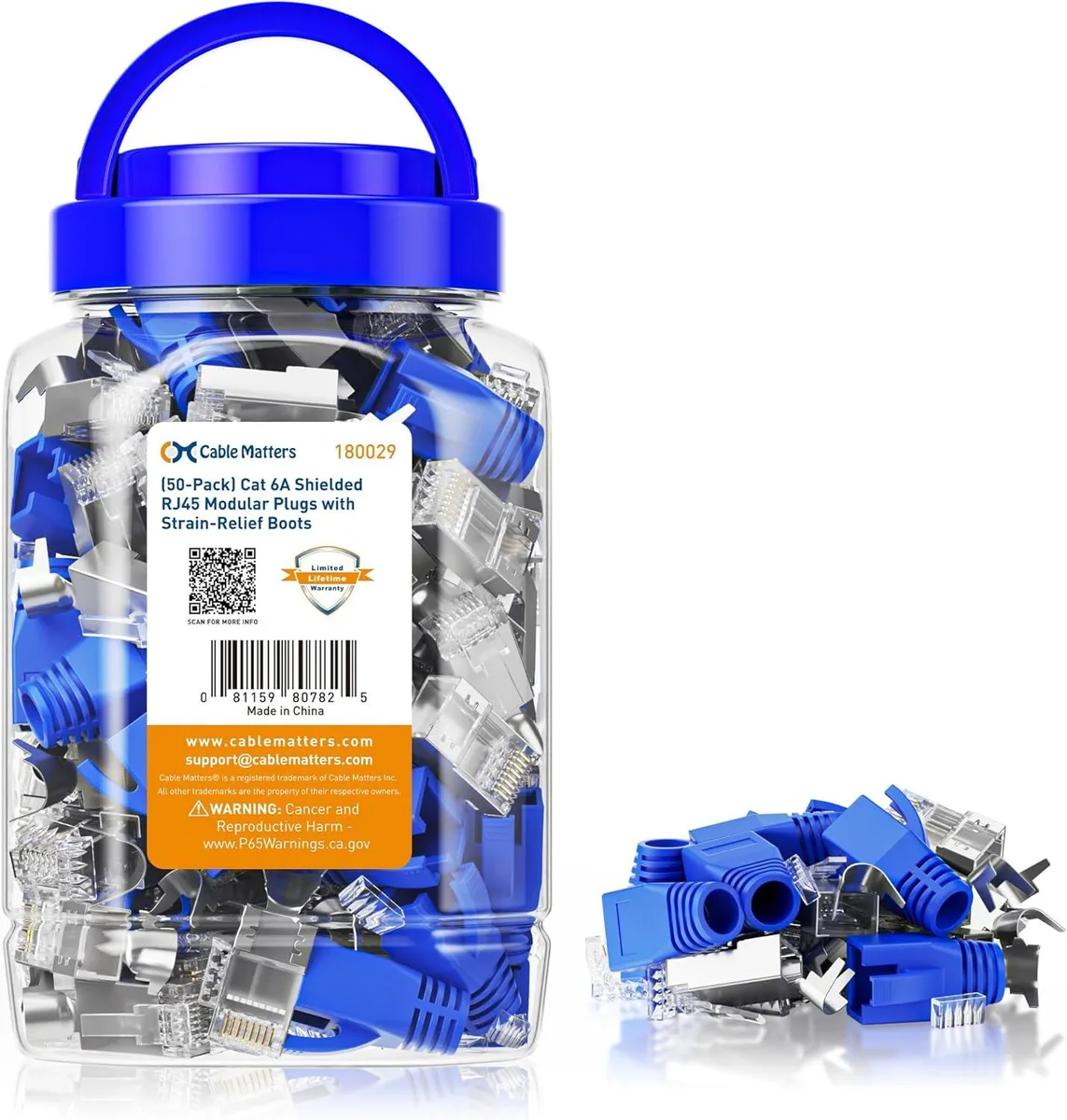 A clear plastic box holding fifty silver metal RJ45 plugs with gold pins and blue strain relief boots