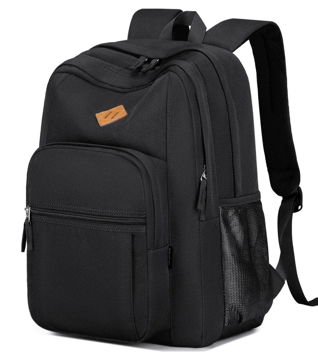 Beige medium laptop backpack with dual compartments, water-resistant polyester, front zip pocket, side mesh pockets