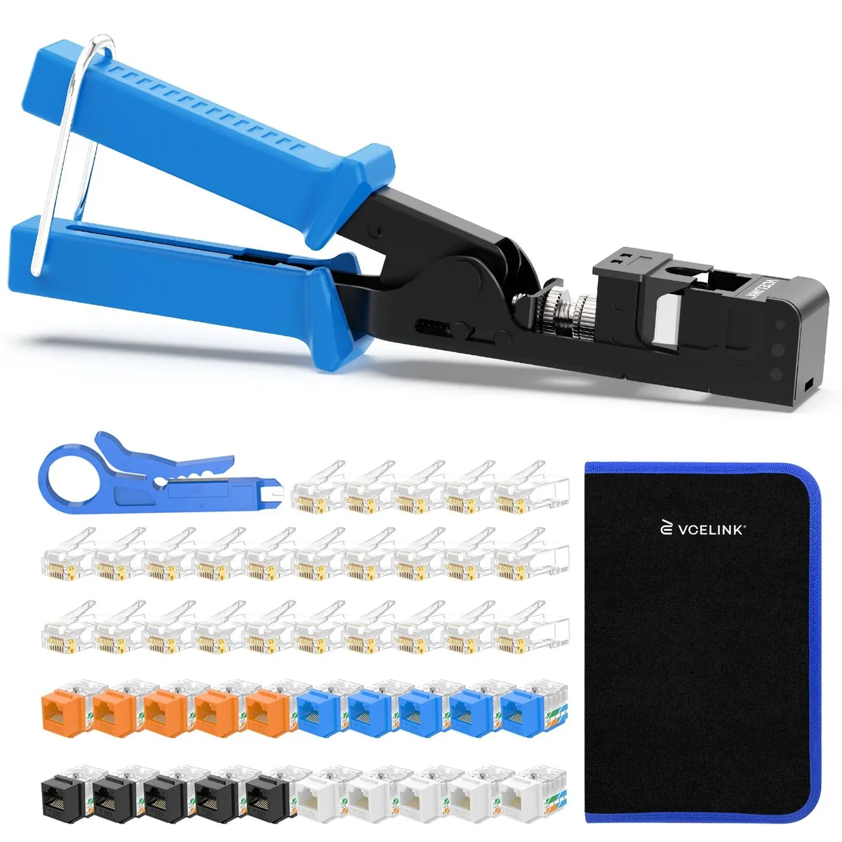 Red Klein Tools C265 punch-down kit with 20 keystone jacks, 25 RJ45 connectors, mini stripper