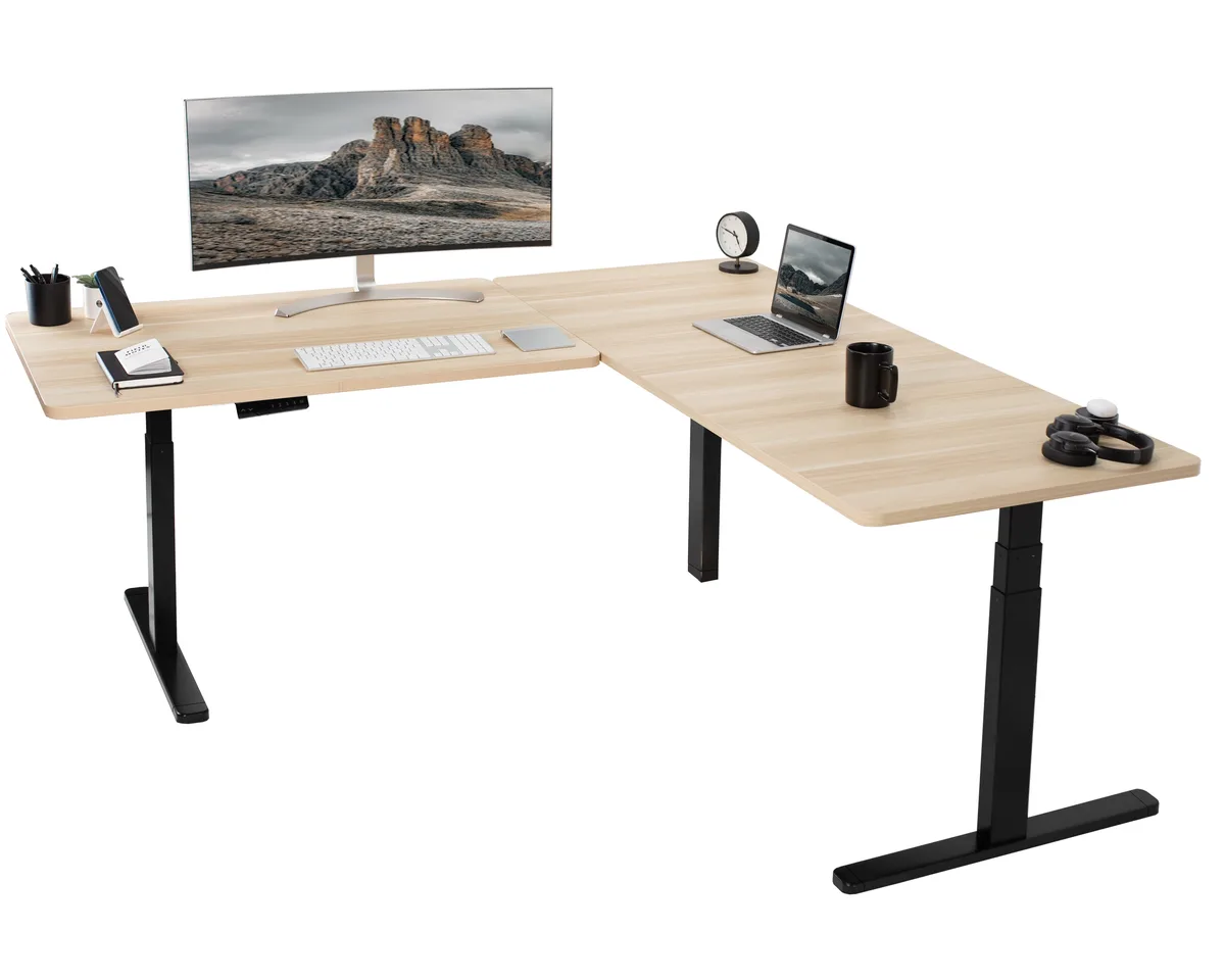VIVO VIVO Electric Corner Desk 77" x 71" Light Wood/Black Frame — product photo