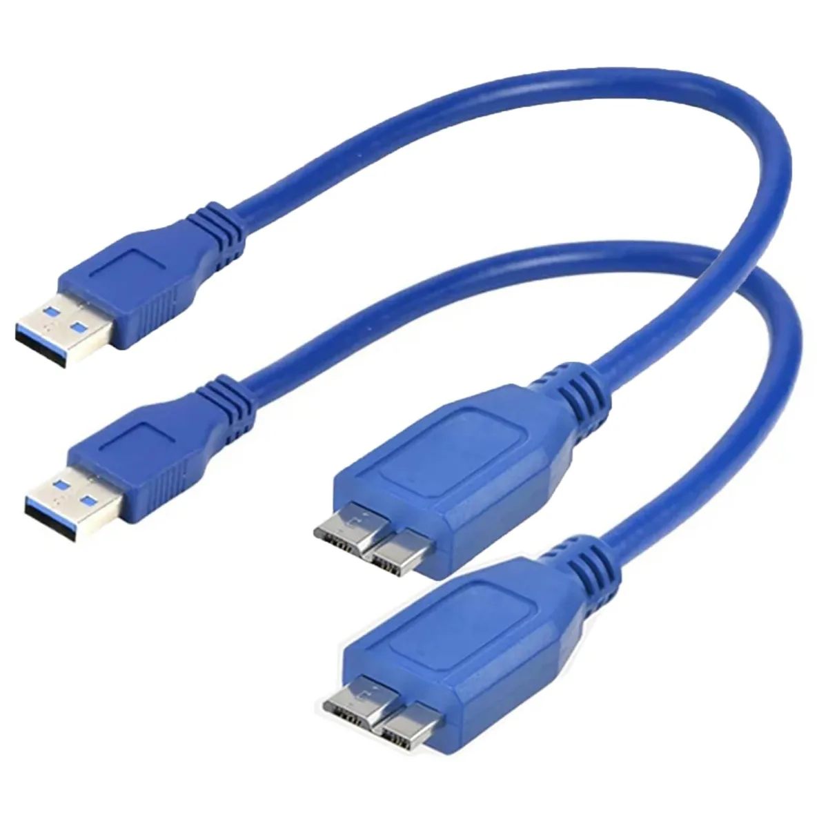 Two short blue Micro USB 3.0 cables with Type A and Micro-B plugs