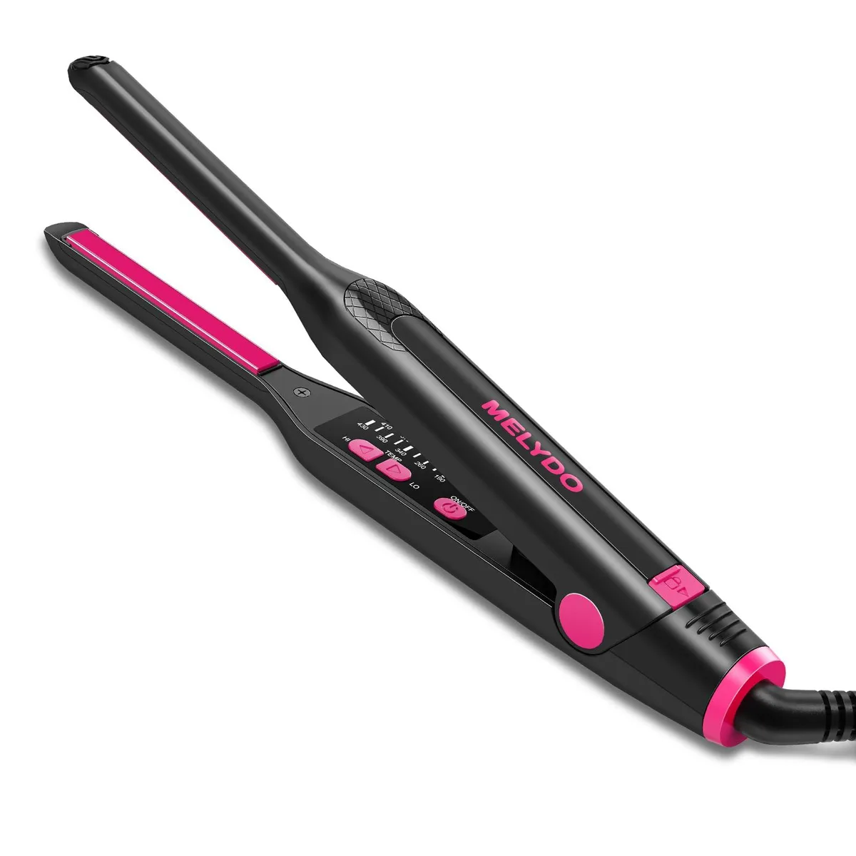 Slim black pencil flat iron with narrow ceramic plates and digital display
