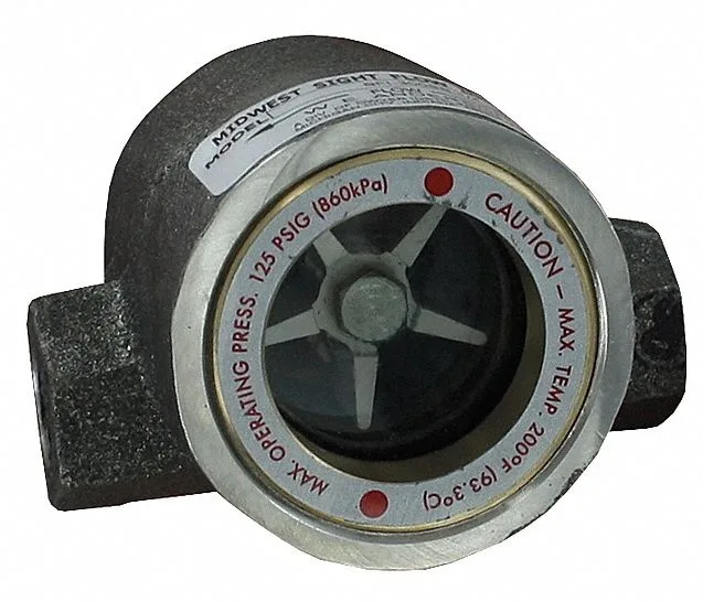 Stainless steel sight flow indicator with dual tempered glass windows and internal rotor