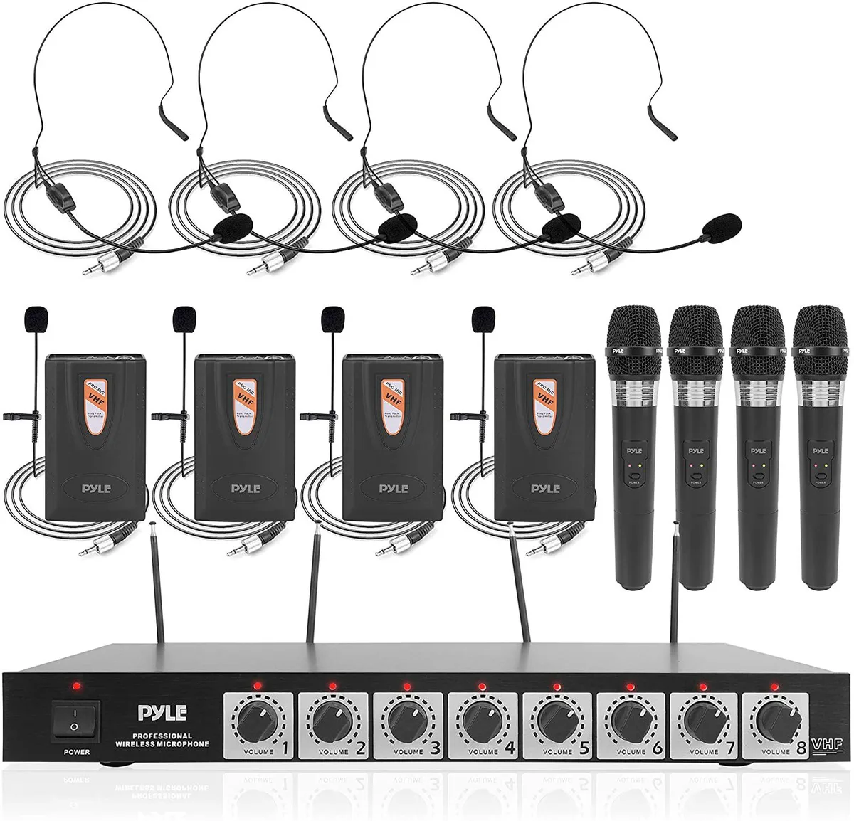 Rack-mountable receiver with four telescoping antennas and eight volume knobs, plus four handheld mics
