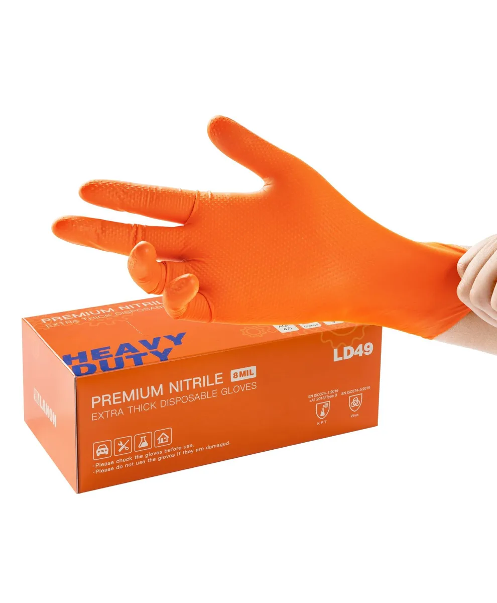 Box of 100 orange nitrile gloves, textured diamond grip, 8-mil thick, medium size