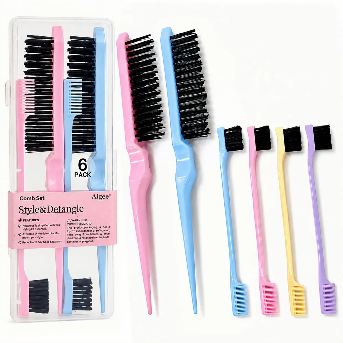 Clear plastic case holding six multicolour brushes and combs, two with pointed tail handles