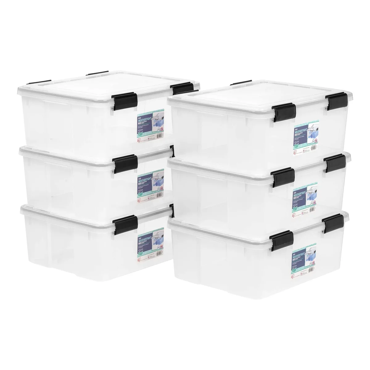 Six clear plastic 31 quart bins with black latching lids, stacked