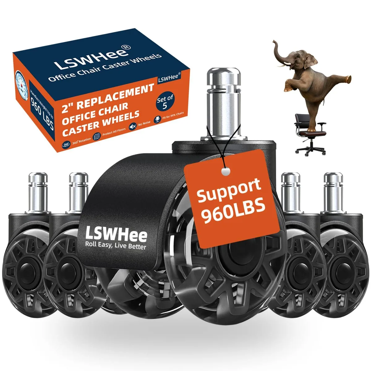  Metra 2" Office Chair Caster Wheels Set of 5 Black 960 lbs — product photo