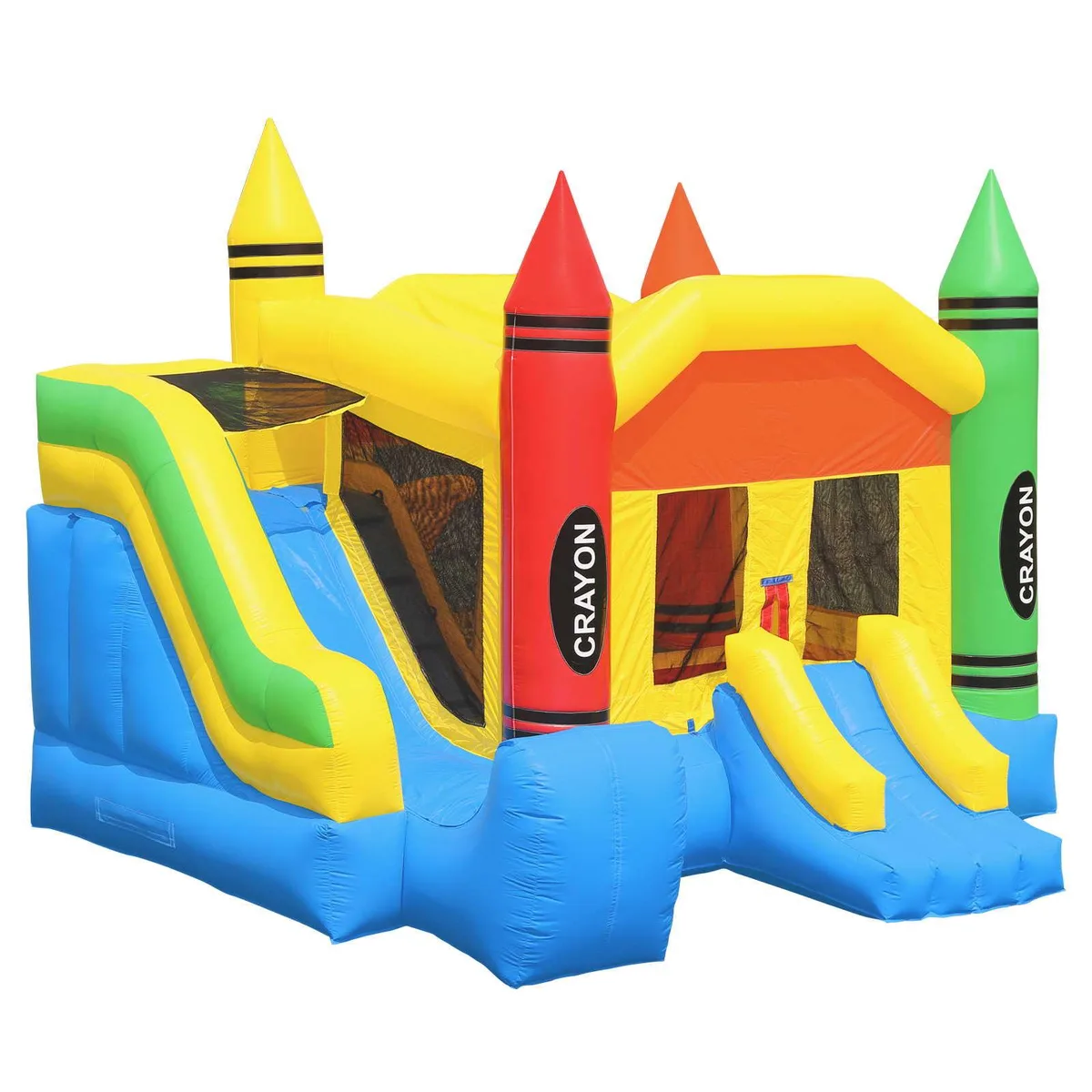 Large commercial-grade PVC bounce house with slide and mesh windows, inflated to 18 by 17 by 14 feet