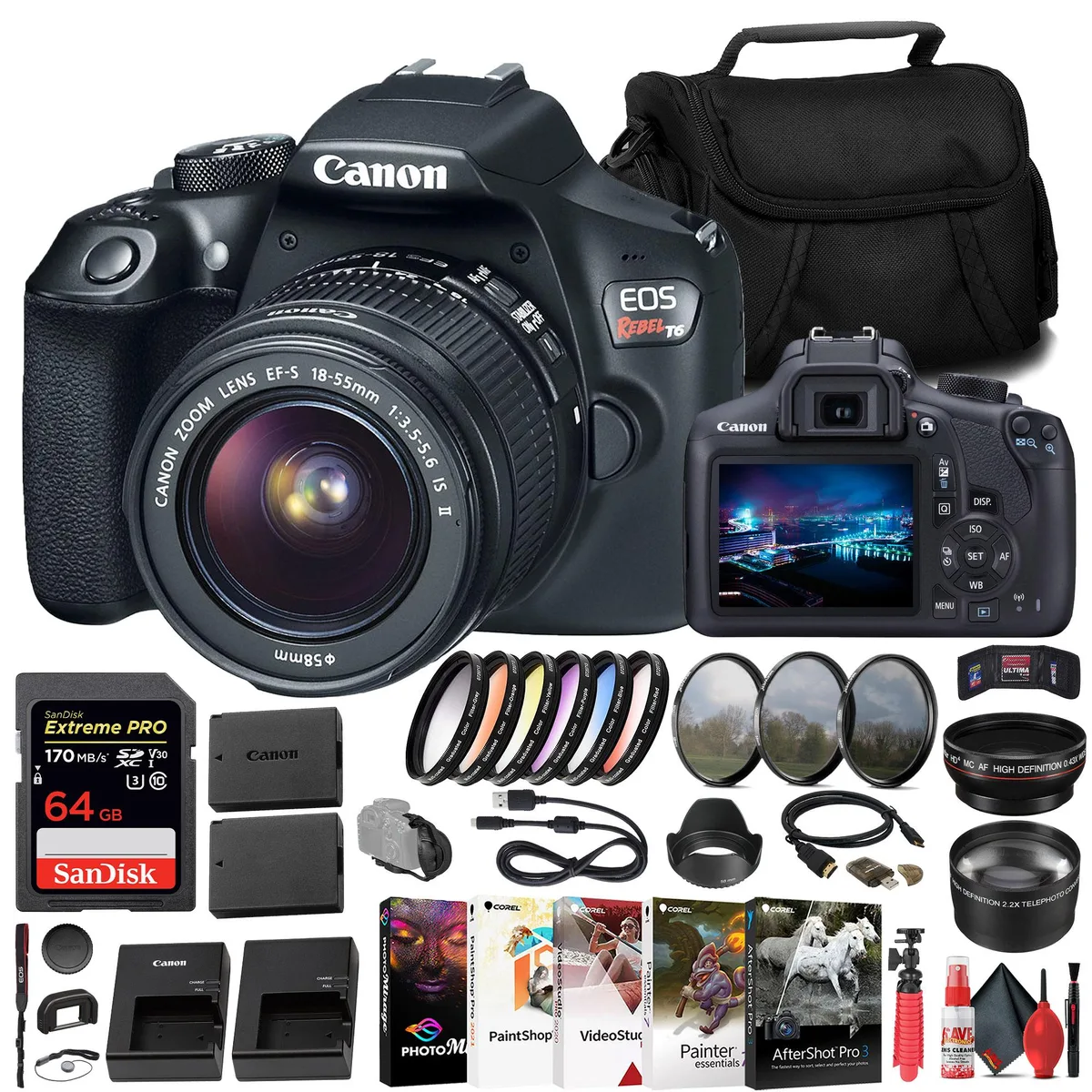 Canon Canon EOS Rebel T6 DSLR camera kit 18-55mm lens 64GB card filter kit — product photo