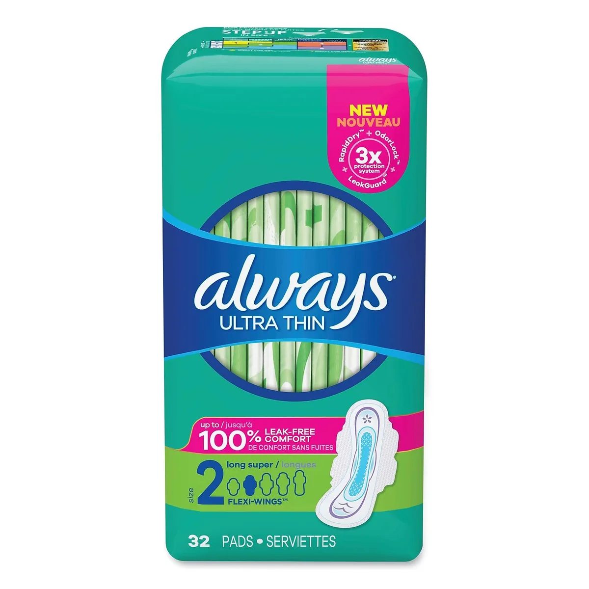 Three cartons of red Always Ultra Thin pads with wings, 96 count total