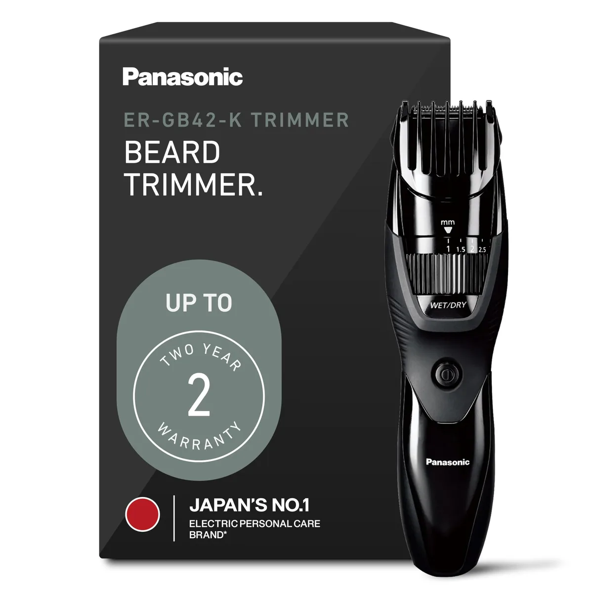 Black cordless beard trimmer with adjustable dial and comb attachment