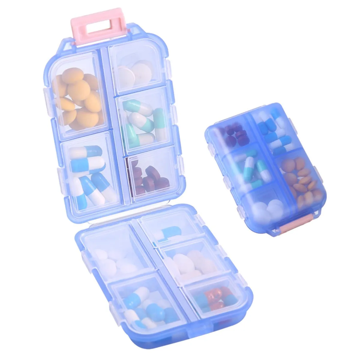 Blue rectangular pill organiser with ten compartments, compact and portable