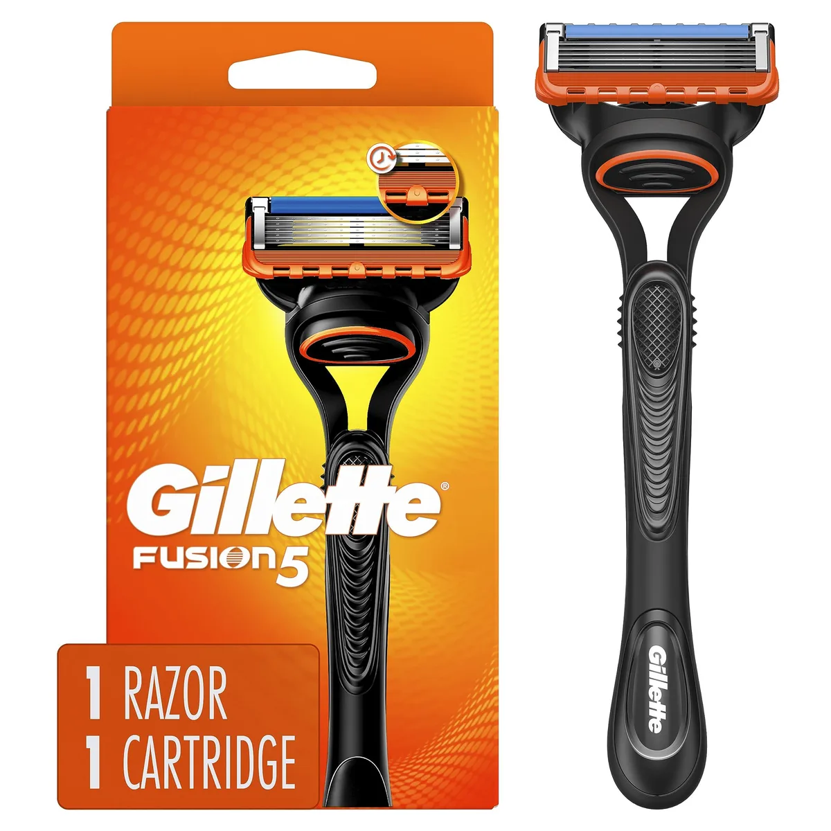 Silver Gillette Fusion5 cartridge razor handle with one five-blade refill attached