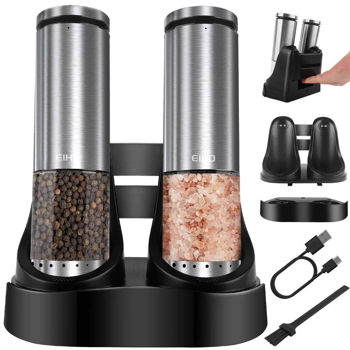 Pair of silver electric grinders on a charging base, clear lower chambers, LED lights on top